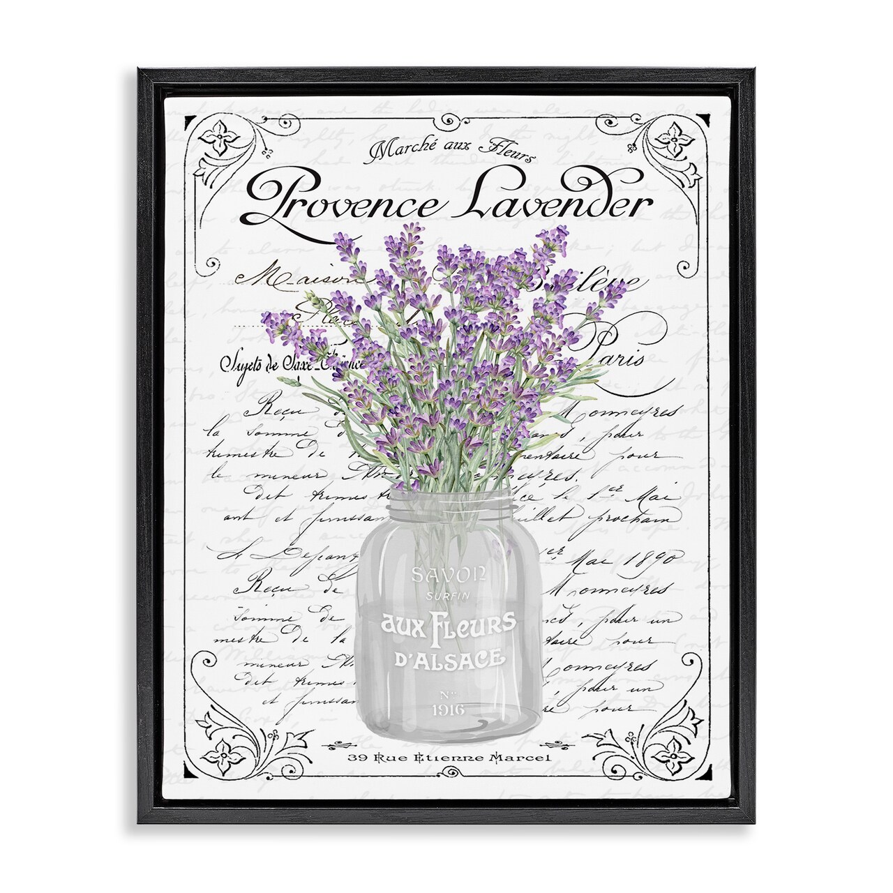 Stupell Industries Lavender Ornate French Script Framed Floater Canvas Wall Art